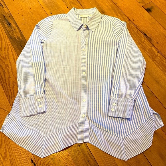 Rafaella Button Down Shirt Hankie Hem L/S Cotton Stripe Blue Whte LARGE - Picture 1 of 10